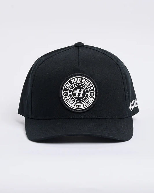 Black cap with a logo on a white background