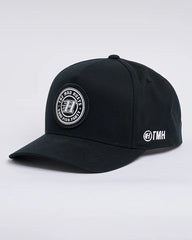 Black cap with logos on a white background