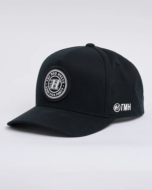 Black cap with logos on a white background