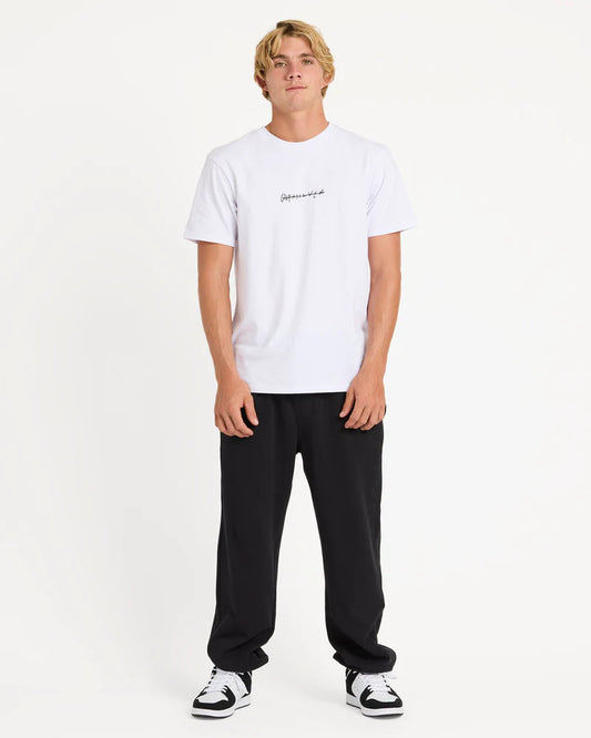Person wearing a white t-shirt and black pants on a white background