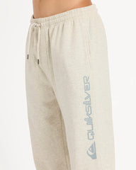 Beige sweatpants with a blue logo on a white background
