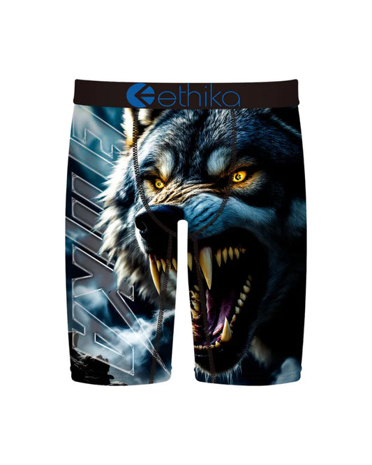 Boxer briefs with a wolf graphic and 'Ethika' branding on a white background