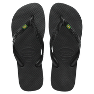Black flip-flops with Brazilian flag design on a white background