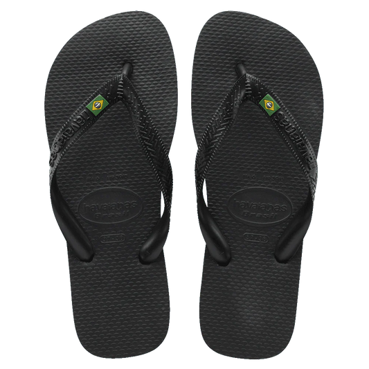 Black flip-flops with Brazilian flag design on a white background