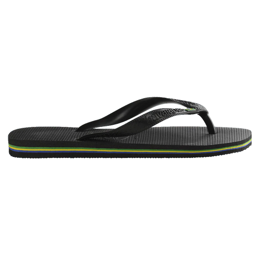 Black sandal with multicolor sole on a white background