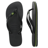 Black flip-flops with a brand logo on a white background