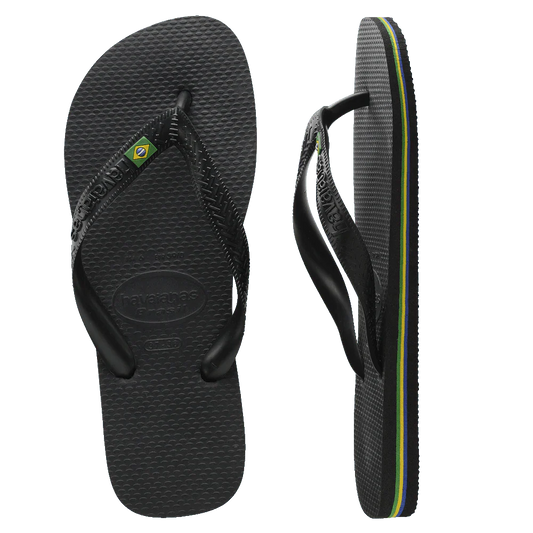 Black flip-flops with a brand logo on a white background
