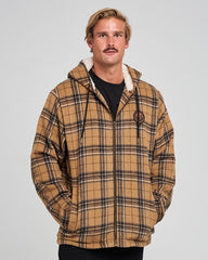 Man wearing a plaid jacket with a white background
