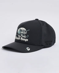 Black cap with branding on a light gray background