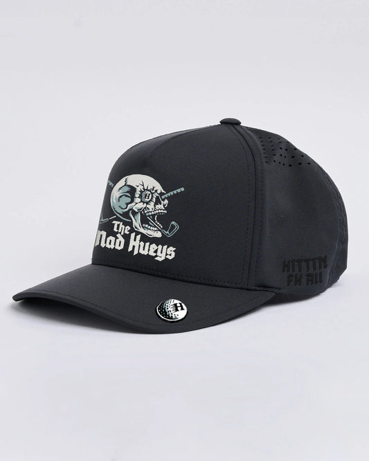 Black cap with branding on a light gray background