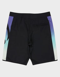 Black shorts with gradient side panels on a light gray background