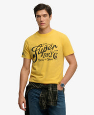 yellow superdry tee with big chest logo 