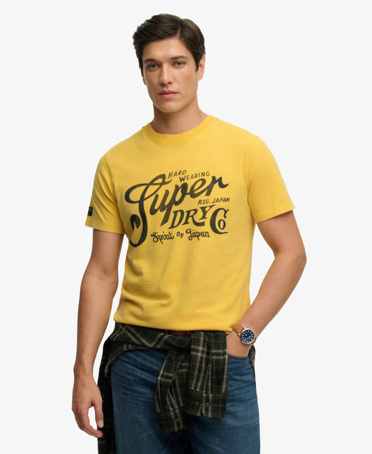 yellow superdry tee with big chest logo 