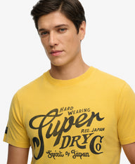 yellow superdry tee with big chest logo 