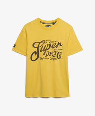 yellow superdry tee with big chest logo 