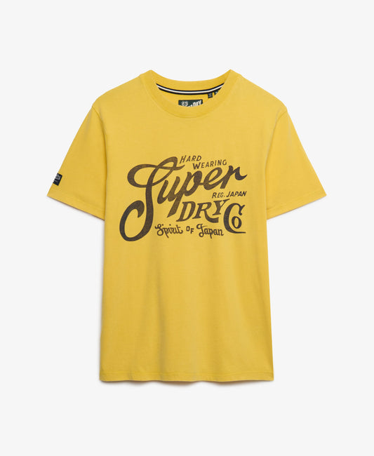 yellow superdry tee with big chest logo 