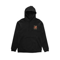 Black hoodie with a logo on the chest against a white background