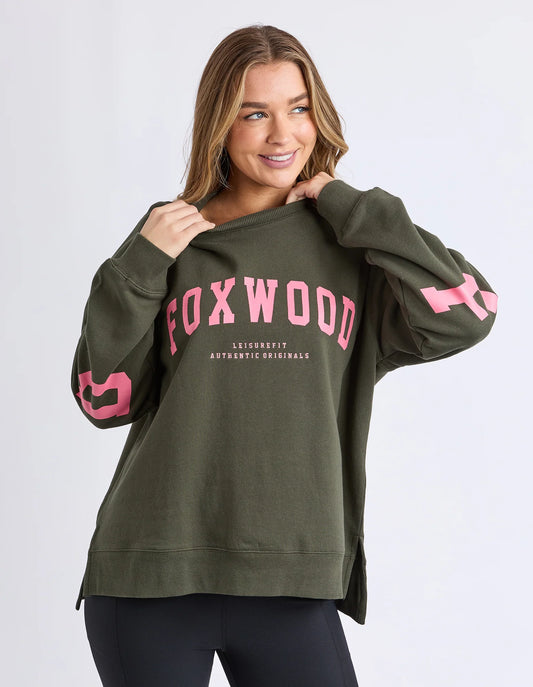 foxwood interval crew in dark khaki with coral writing