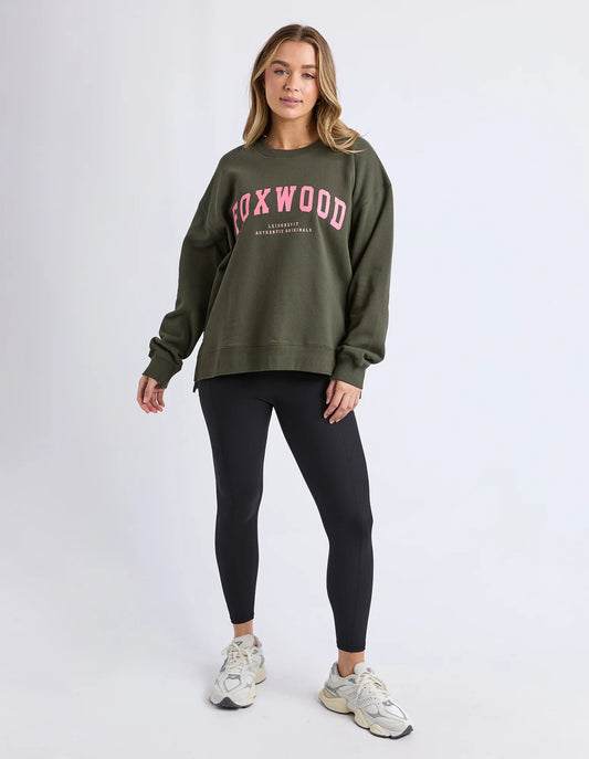 foxwood interval crew in dark khaki with coral writing