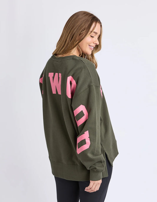 foxwood interval crew in dark khaki with coral writing