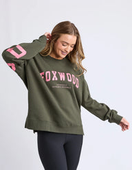 foxwood interval crew in dark khaki with coral writing