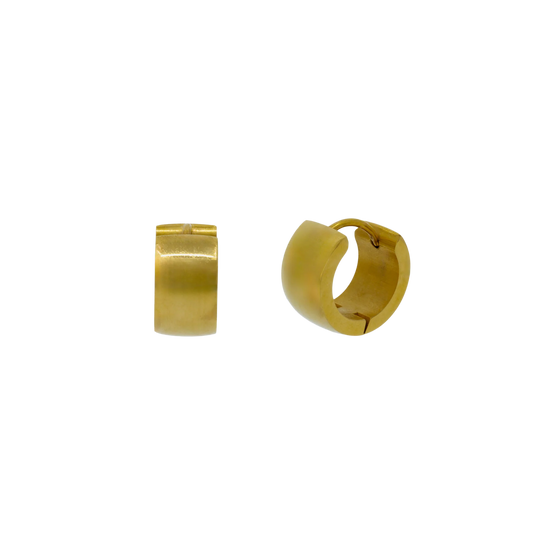 Two gold hoop earrings on a white background