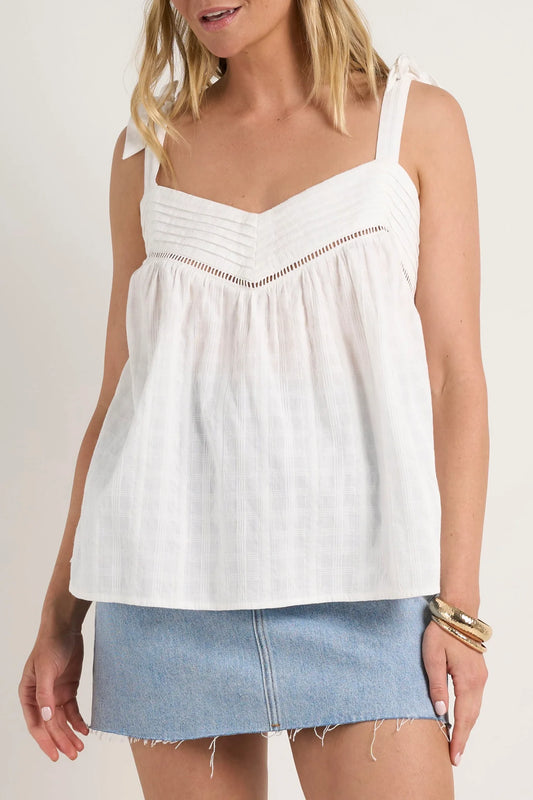 Ivy + Jack Unconventional White Self-Check Cotton Tie Strap Cami