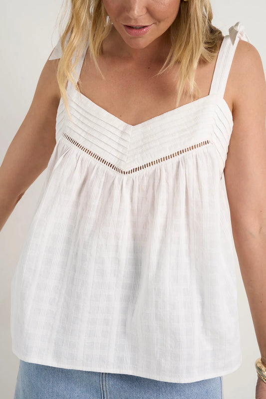 Ivy + Jack Unconventional White Self-Check Cotton Tie Strap Cami