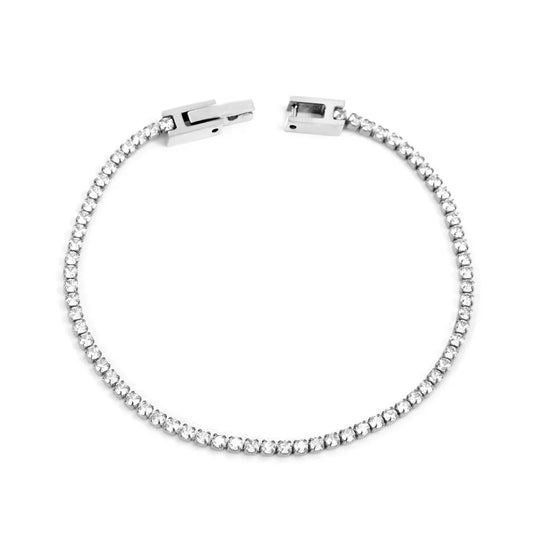 Silver bracelet with a clasp on a white background