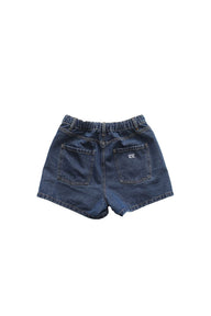 Blue denim shorts on a white background