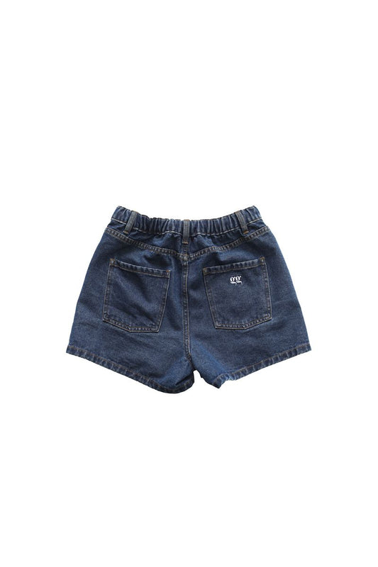 Blue denim shorts on a white background