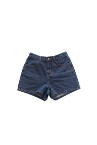 Blue denim shorts on a white background