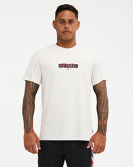 white tee with chest logo 