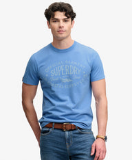 blue superdry tee with big chest logo 