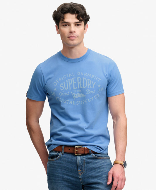 blue superdry tee with big chest logo 