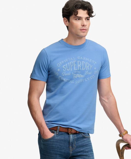 blue superdry tee with big chest logo 