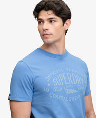 blue superdry tee with big chest logo 