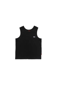Black sleeveless shirt with a logo on a white background