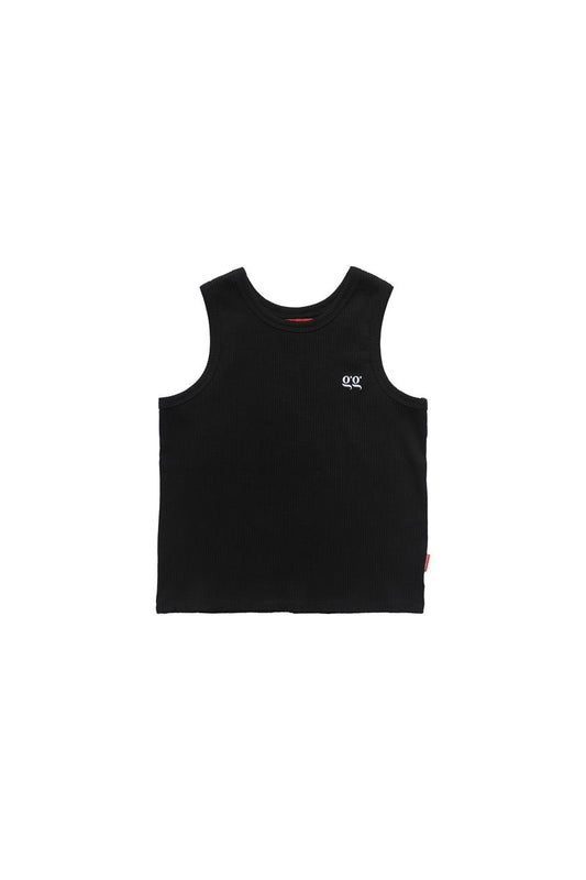 Black sleeveless shirt with a logo on a white background