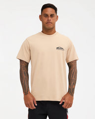 pale khaki tee with chest logo and design down the back