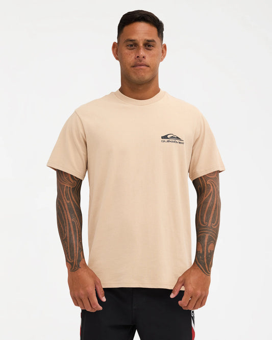 pale khaki tee with chest logo and design down the back