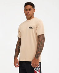 pale khaki tee with chest logo and design down the back