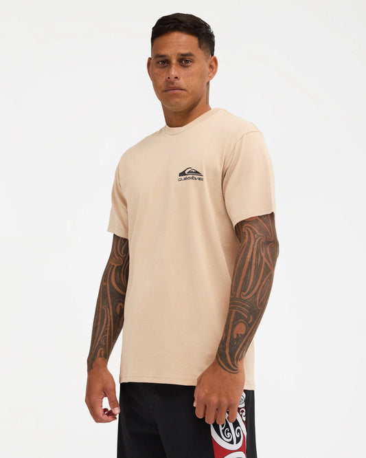 pale khaki tee with chest logo and design down the back