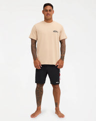 pale khaki tee with chest logo and design down the back