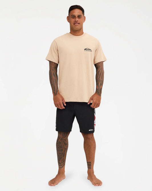 pale khaki tee with chest logo and design down the back
