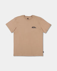 pale khaki tee with chest logo and design down the back
