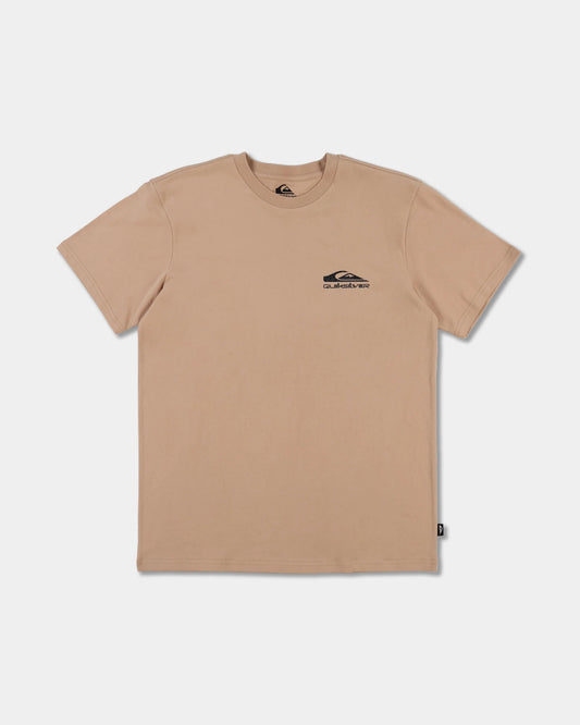 pale khaki tee with chest logo and design down the back
