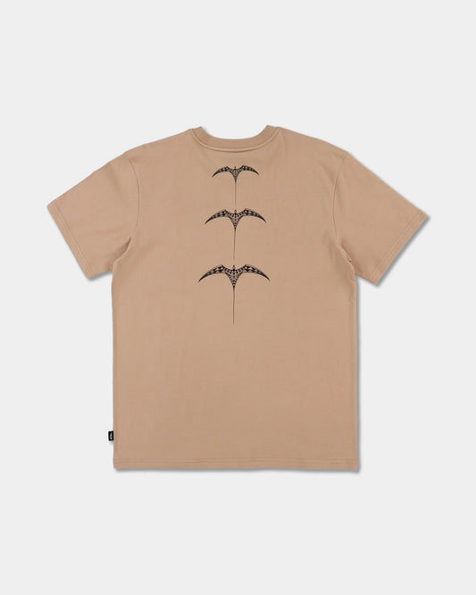 pale khaki tee with chest logo and design down the back