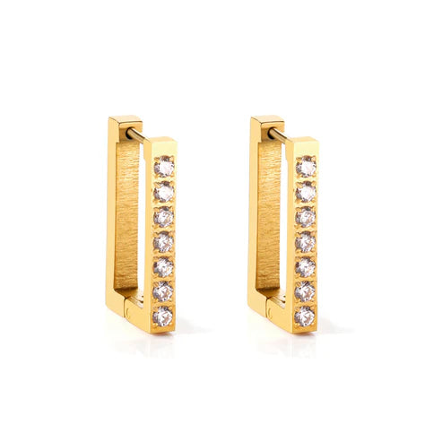 Gold hoop earrings with embedded diamonds on a white background