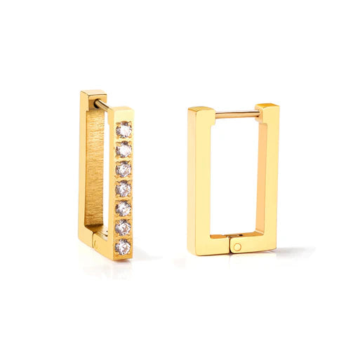 Gold hoop earrings with embedded diamonds on a white background